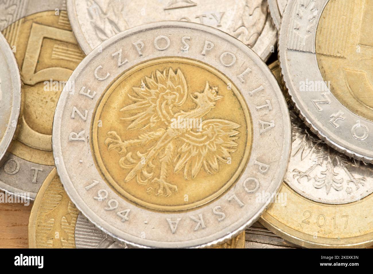 Nahaufnahme der Münzen Polnischer Zloty PLN Stockfoto