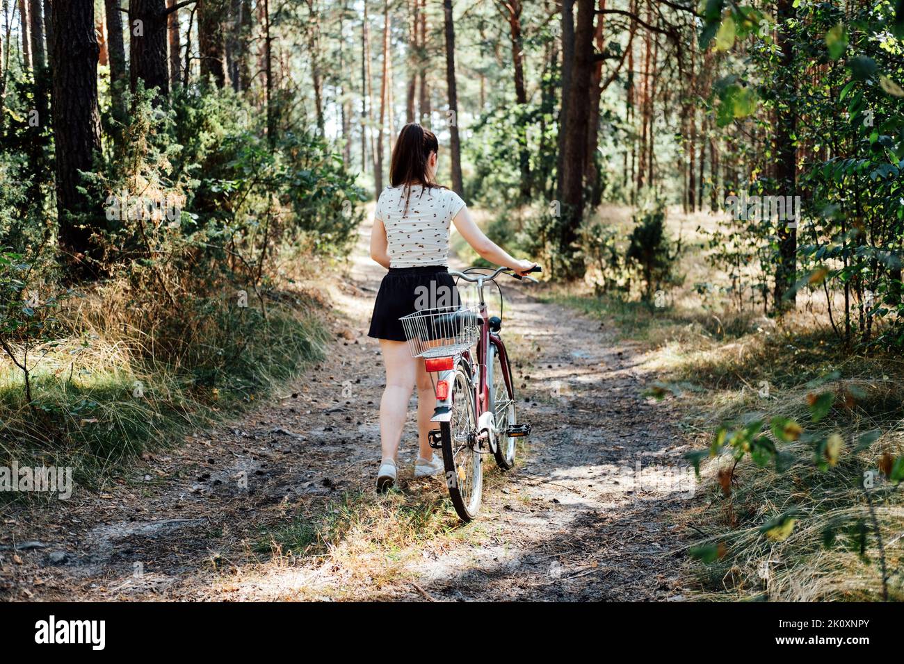 Psychische Gesundheit Vorteile des Radfahrens, reduzieren Angst. Radfahren im Wald. Fahrradwege Im Wald. Alleinerziehende Frau, die an sonnigen Tagen Fahrrad im Kiefernwald reitet. Stockfoto