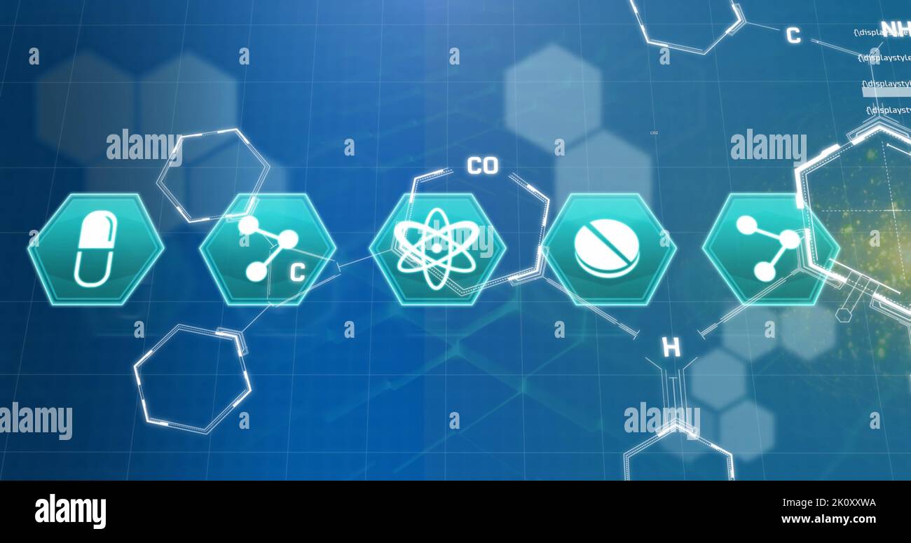 Abbildung von medizinischen Symbolen und chemischen Formeln mit Datenverarbeitung auf blauem Hintergrund Stockfoto