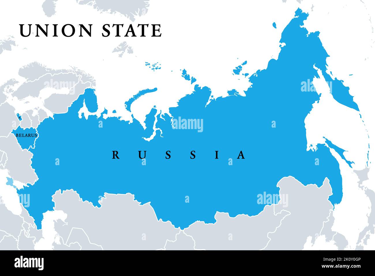 Unionsstaat, Mitgliedstaaten, politische Landkarte. Offiziell ist der Unionsstaat Russland und Belarus eine supranationale Organisation. Stockfoto