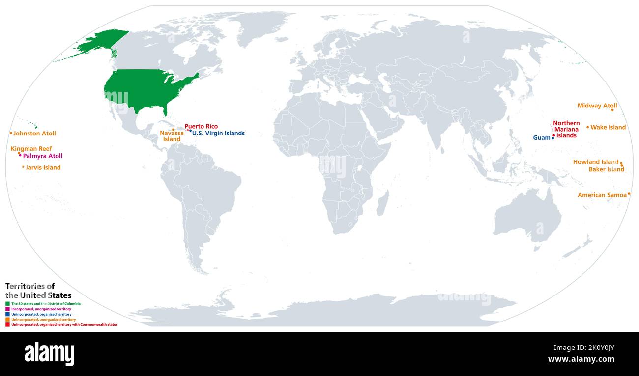 Territorien der Vereinigten Staaten, politische Landkarte. Subnationale Verwaltungsabteilungen. Stockfoto