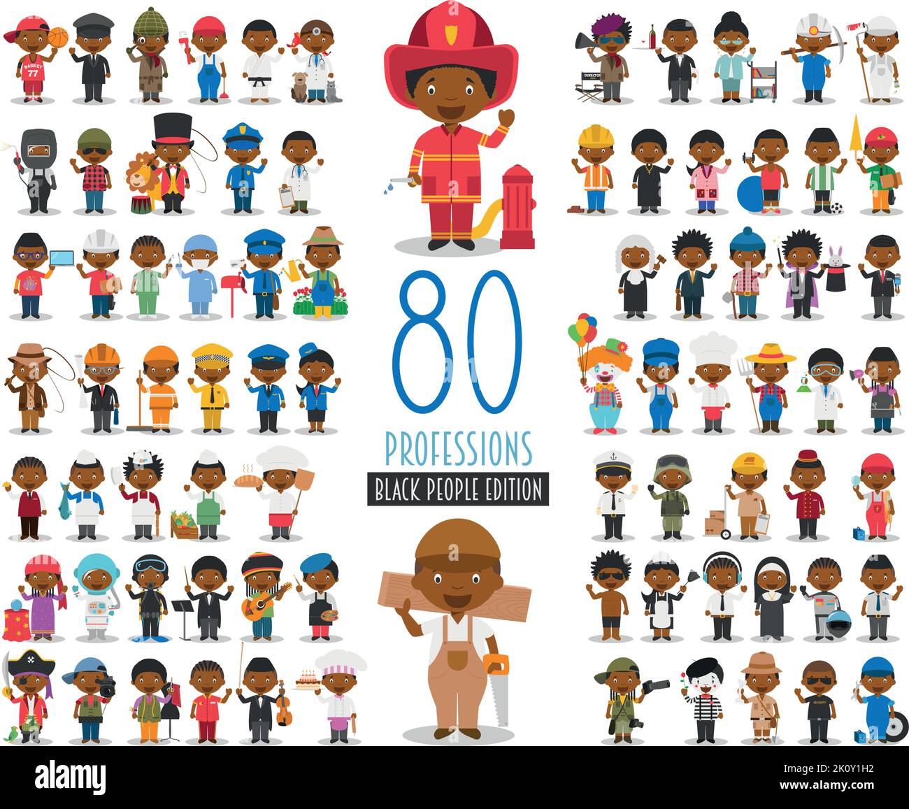 Kids Vector Characters Collection: Set aus 80 verschiedenen Berufen im Cartoon-Stil. Schwarze oder afroamerikanische Schriftzeichen. Stock Vektor