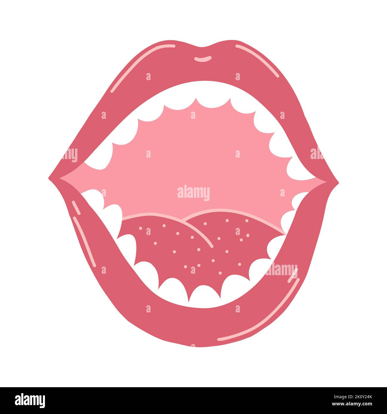 Offener Mund mit Zähnen in Cartoon-Flat-Stil. Handgezeichnete Vektordarstellung von menschlichen Lippen und Zunge für Aufkleber, Webdesign, Poster, Postkarte Stock Vektor