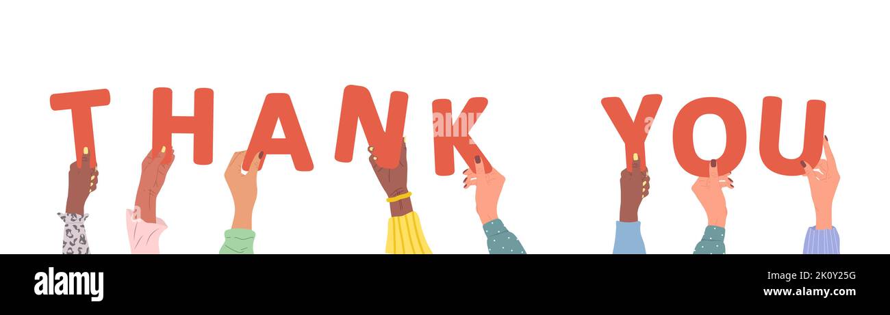 Gruppe verschiedener weiblicher Hände mit rotem Wort Danke. Verschiedene multiethnische Menschen sind zusammen. Vektor handgezeichnete Illustration im Cartoon-Stil Stock Vektor