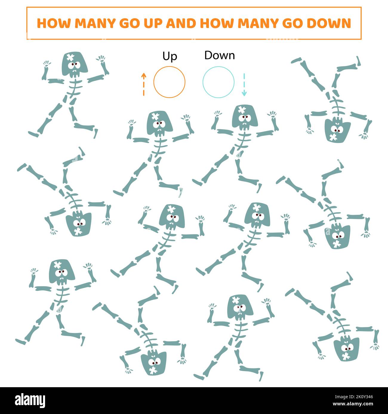 Wie viele gehen up.How viele gehen down.Counting Spiel mit niedlichen Cartoon Skelett.Arbeitsblatt für Kinder. Stock Vektor