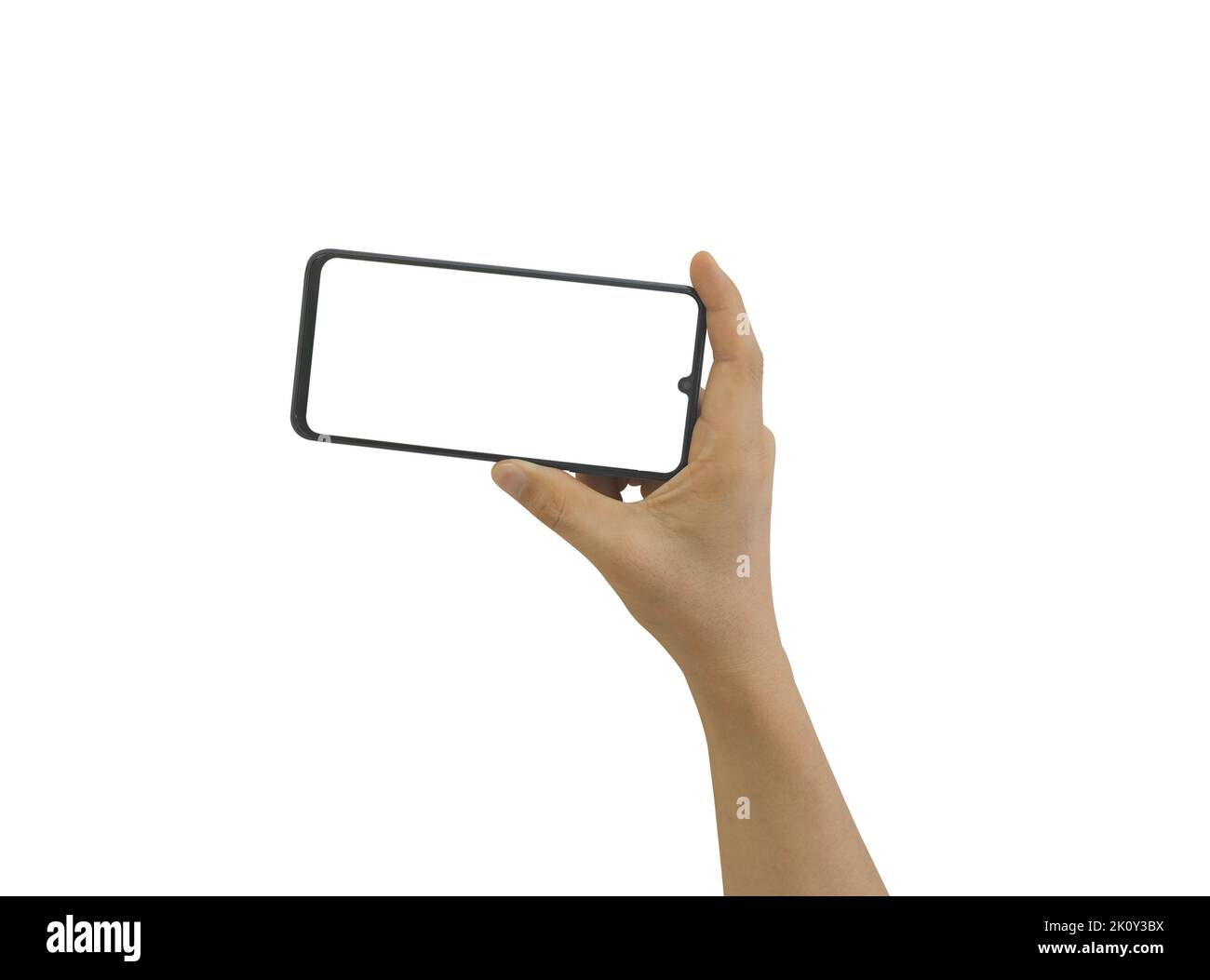 Männliche Hand hält Handy mit leerem Bildschirm isoliert auf weißem Hintergrund. Clipping-Pfad gehören Stockfoto