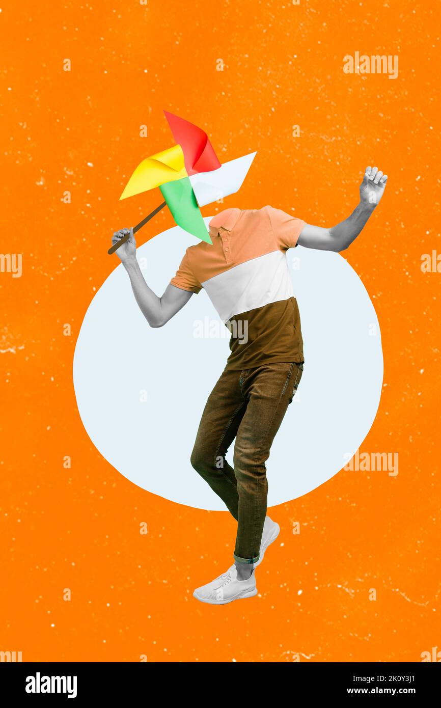 Kreative 3D Collage Kunstwerk Postkarte Poster Skizze von lustigen funky Person ohne Gesicht halten bunte Windmühle isoliert auf Zeichnung Hintergrund Stockfoto