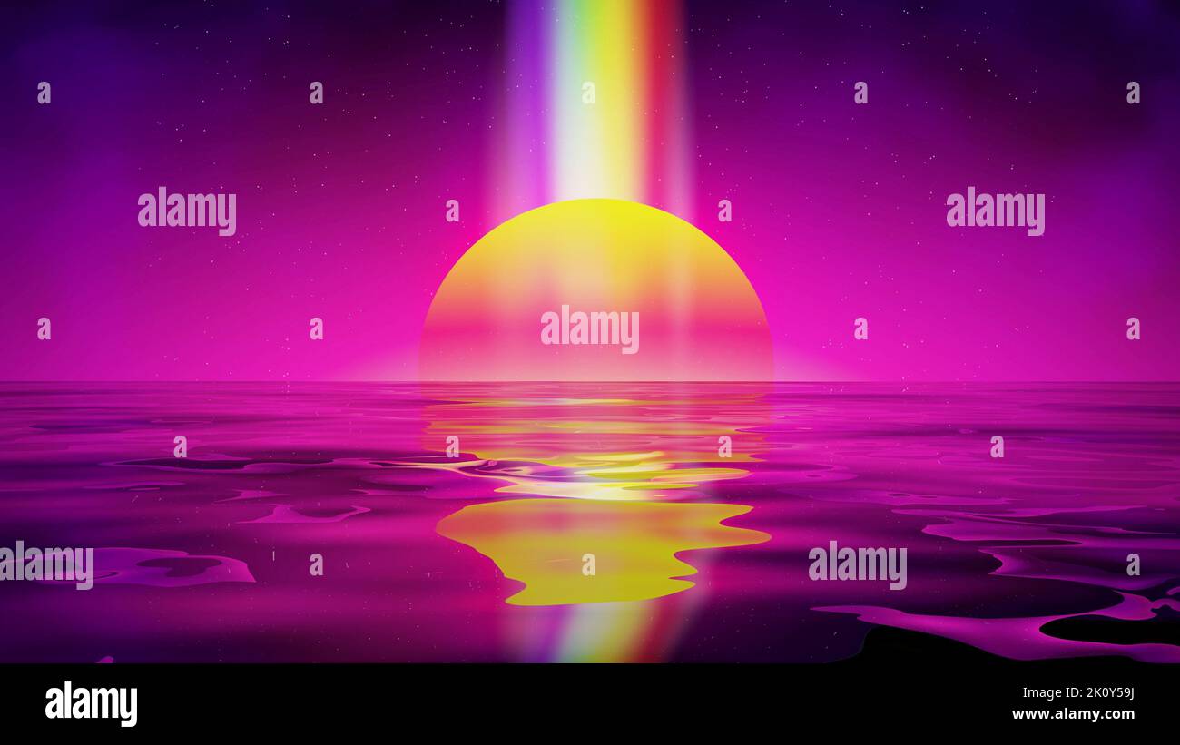 Retro Landschaft Hintergrund Sonnenuntergang 3D Landschaft mit Regenbogenlicht. Futuristischer Landscape 1980s-Style. Digitale Retro-Landschaft, die sich im Wasser spiegelt. 80s Stockfoto