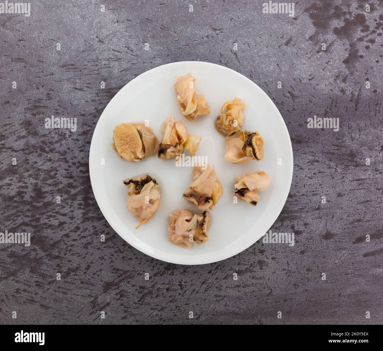 Draufsicht auf kleine gekochte Muschelschnecken auf einem weißen Teller auf einem grauen Hintergrund. Stockfoto