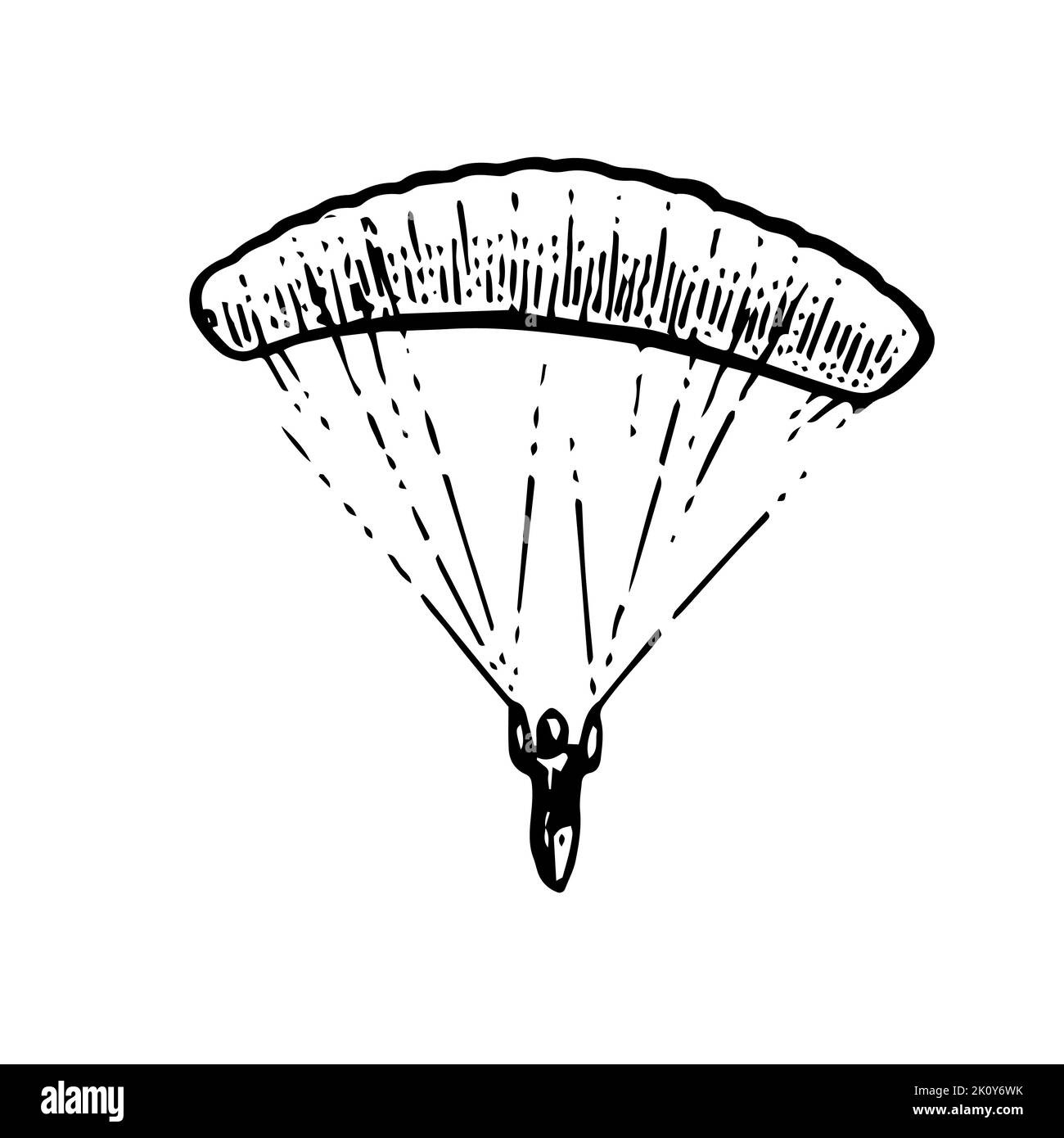 Gleitschirm-Fallschirmspringer fliegt. Gleitschirm mit Fallschirm. Air Extremsport. Kontrollierter Höhenflug. Handgezeichnete Umrissskizze. Isoliert auf Weiß Stock Vektor