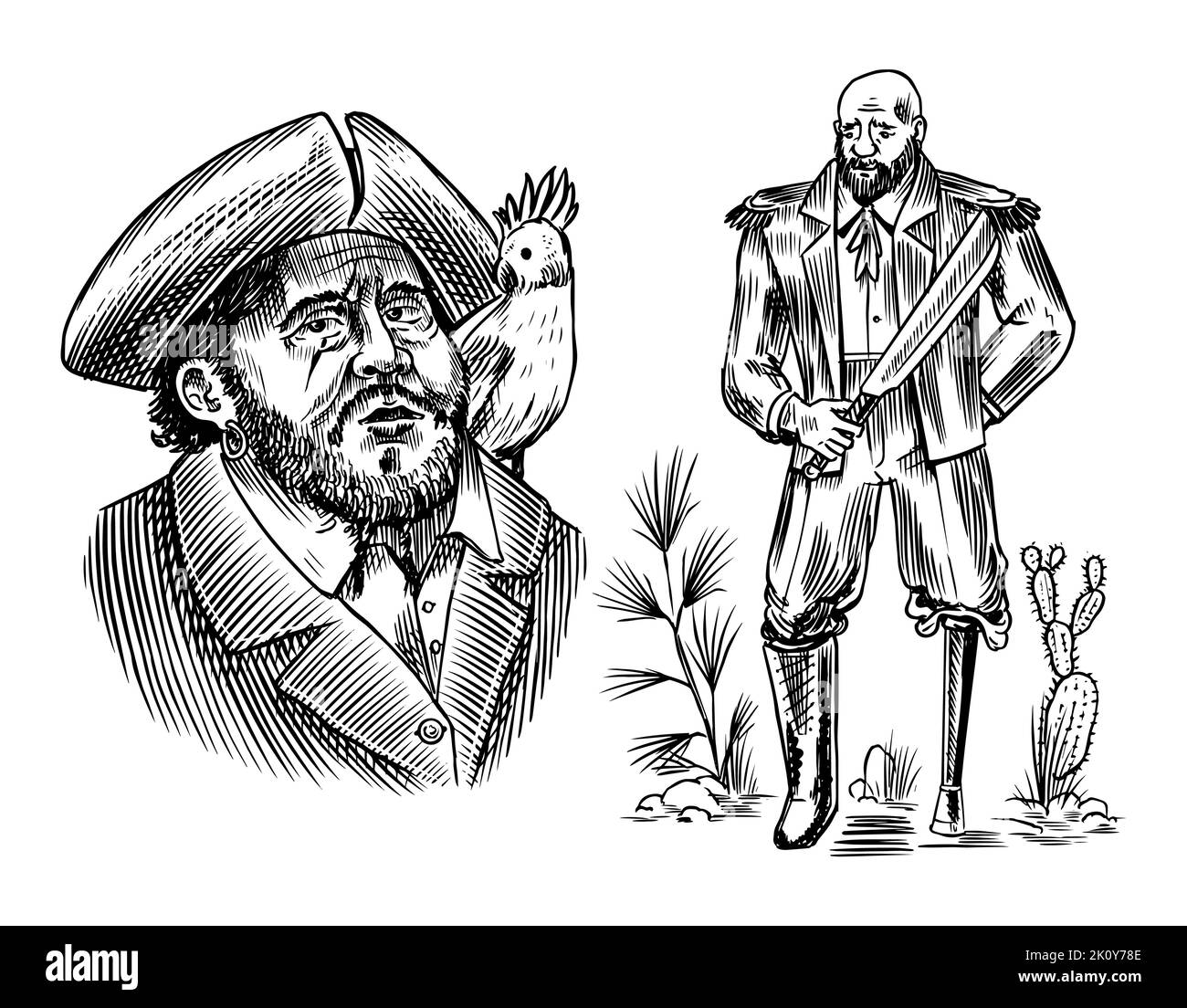 Seepirate mit einem Papagei auf der Schulter. Einbeiniger Seemann. Porträt des Seemanns. Handgezeichnete Gravur, Vintage-Skizze für Tattoo oder Stock Vektor