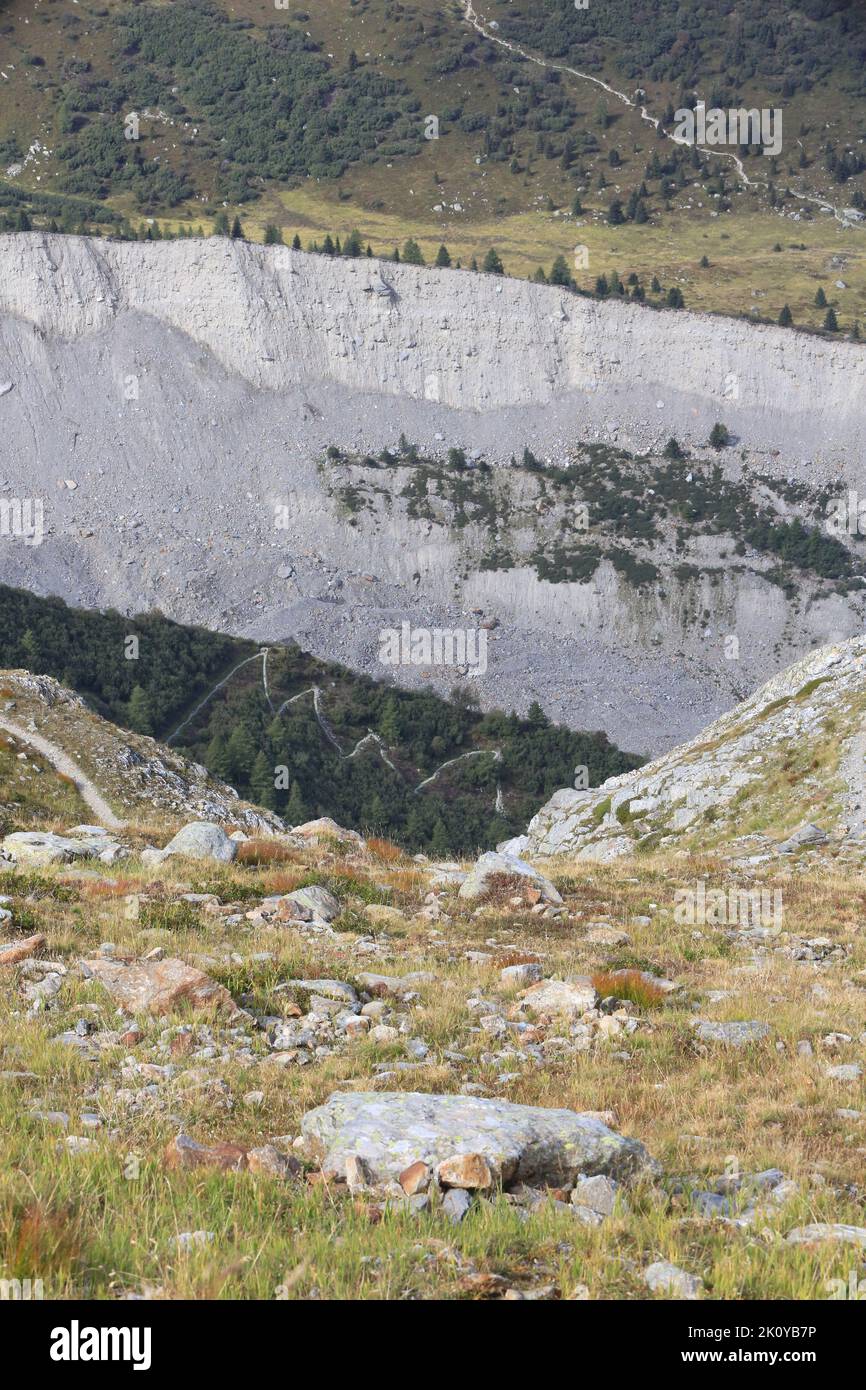 Moraine latérale sur la rive gauche du Glacier de Bionnassay. Vue du Nid d’Aigle. Saint-Gervais-les-Bains. Haute-Savoie. Auvergne-Rhône-Alpes. Frankreich. Stockfoto