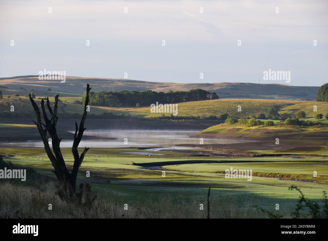 Lagerreservoir in Bowland Lancashire, das Auswirkungen von Trockenheit mit sehr niedrigen Wasserständen zeigt. Stockfoto