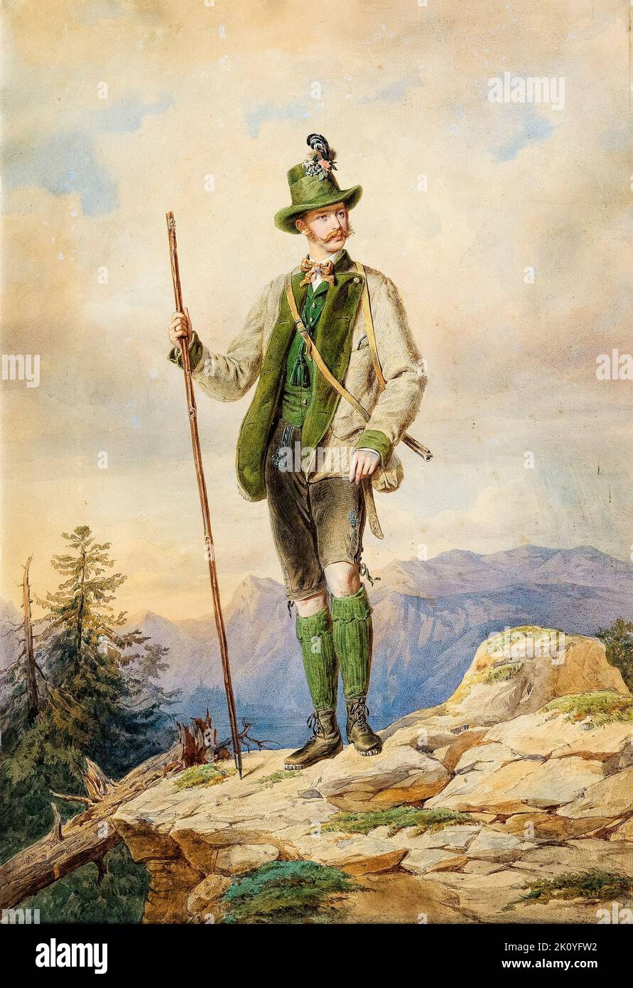 Franz Joseph I., (1830-1916), Kaiser von Österreich, (1848-1916), in Jagdkostüm, Porträtmalerei in Aquarell, undatiert, unbekannter Künstler Stockfoto