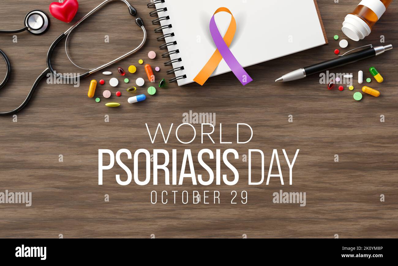 Der Welt-Psoriasis-Tag wird jedes Jahr am 29. Oktober beobachtet, es ist ein Hautzustand, der rote, schuppige, verkrustete Flecken verursacht Stockfoto