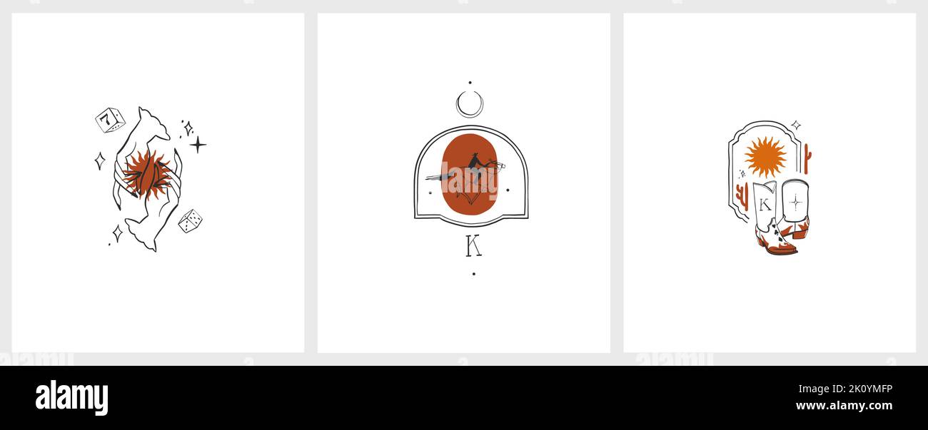 Handgezeichnete abstrakte Vektor Grafik Cliparts Illustrationen Logo Set Kompositionen.Wild Western Design Konzept.Böhmische wilden Westen zeitgenössische Kunst.Cowboy Stock Vektor