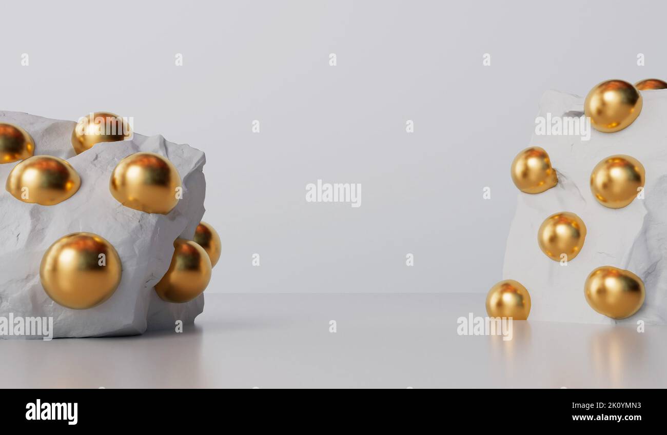 Abstrakter weißer Steinfelsen mit goldenen Kugeln. Produkt- und kosmetische Displays präsentieren Hintergrund. 3D Rendering Stockfoto