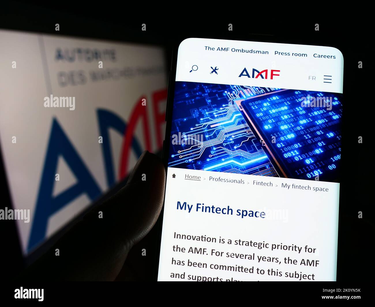 Person mit Mobiltelefon und Webseite der Regulierungsbehörde Autorite des Marken Financiers (AMF) auf dem Bildschirm mit Logo. Konzentrieren Sie sich auf die Mitte des Telefondisplays. Stockfoto