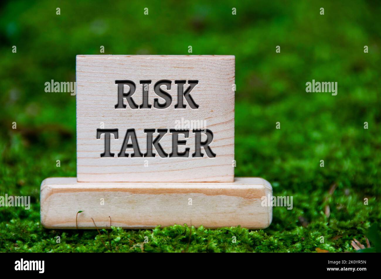 Risikoeinnahme Text auf Holzblock mit grünem Natur Hintergrund. Motivations- und Geschäftskonzept. Stockfoto
