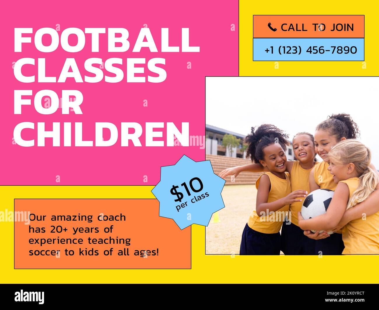 Zusammensetzung von Fußballkursen für Kinder Text mit verschiedenen Kindern auf gelbem Hintergrund Stockfoto