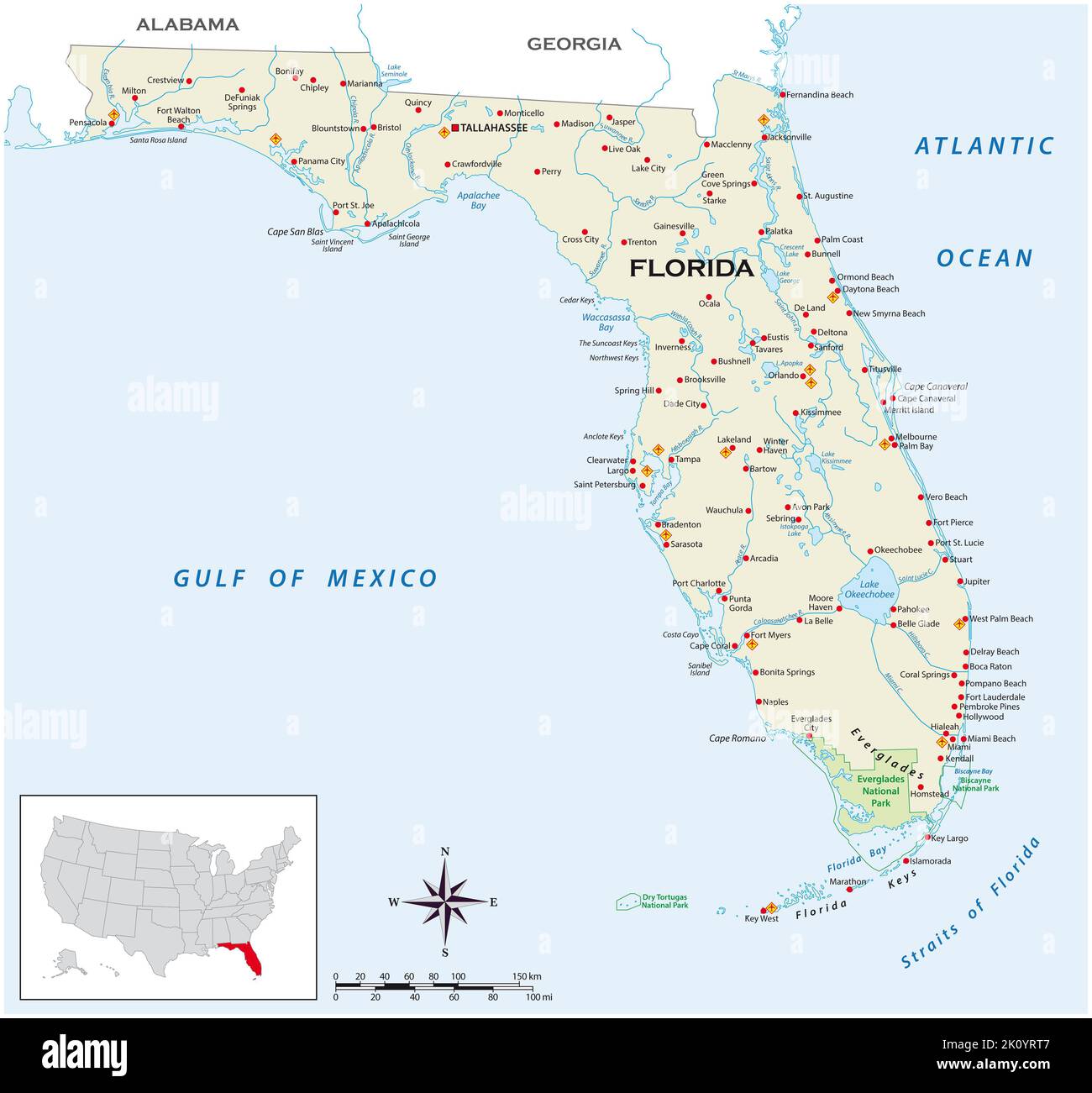 Sehr detaillierte physische Karte des US-Bundesstaates florida Stockfoto