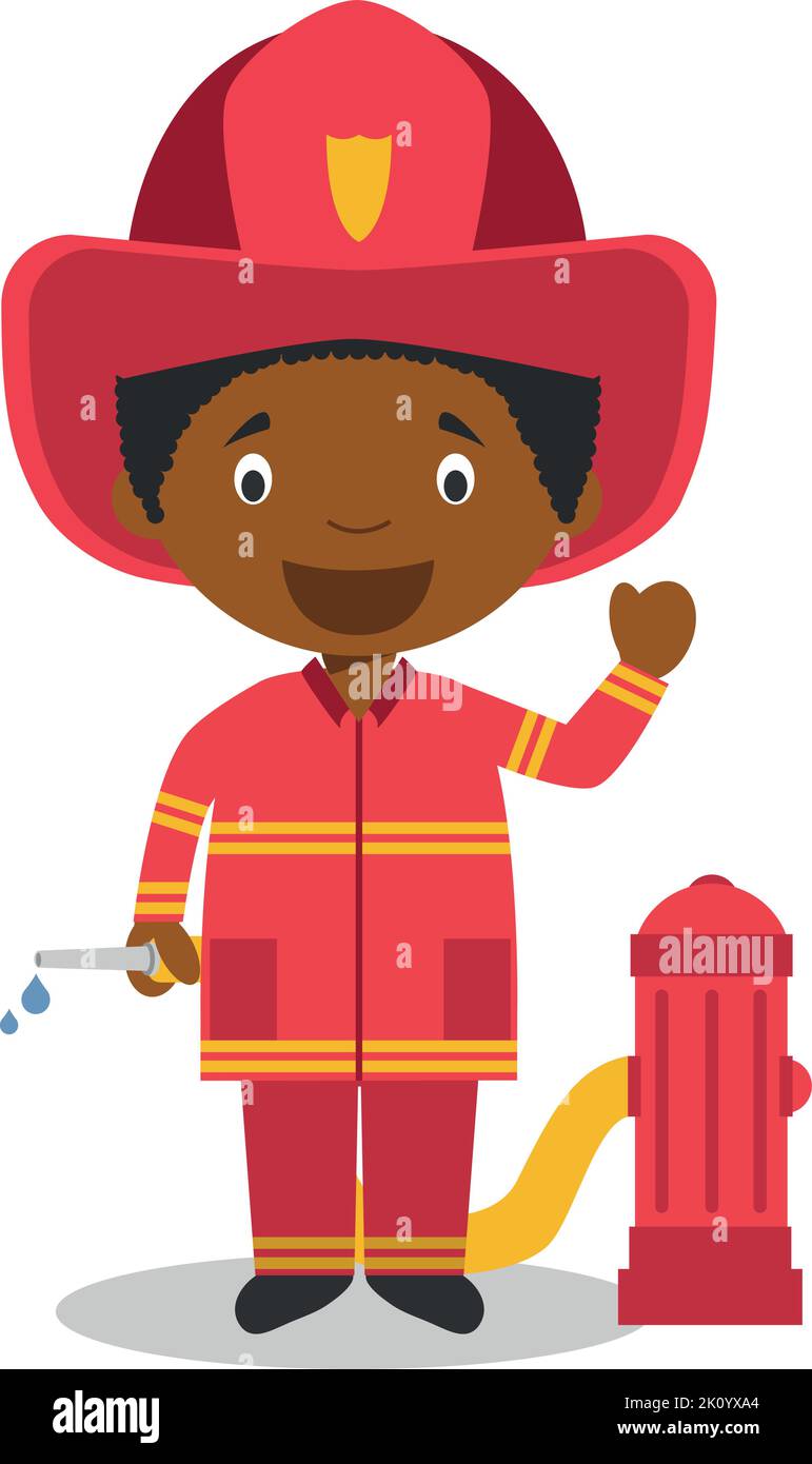 Niedliche Cartoon-Vektor-Illustration eines schwarzen oder afroamerikanischen männlichen Feuerwehrmann. Stock Vektor