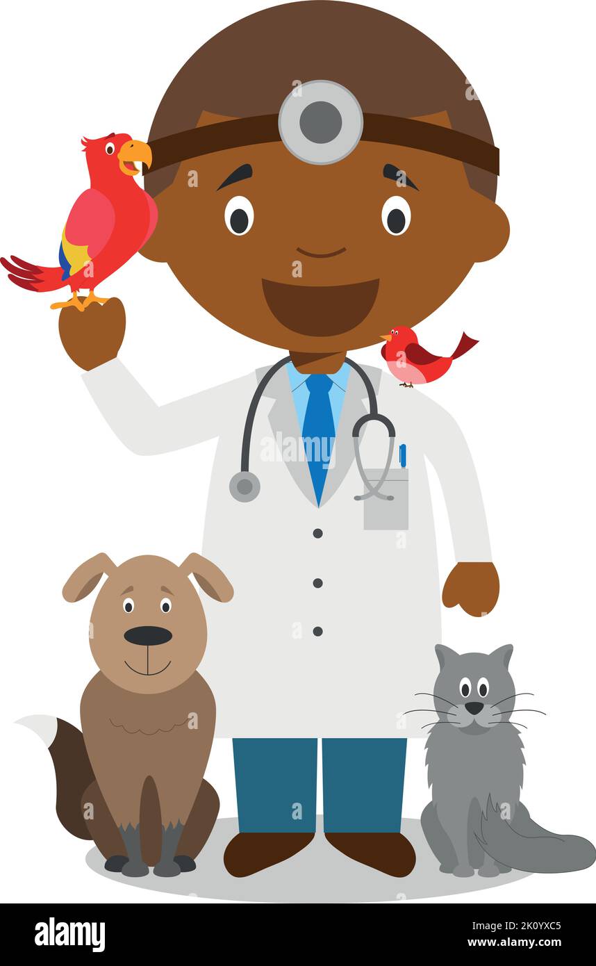 Niedliche Cartoon-Vektor-Illustration eines schwarzen oder afroamerikanischen männlichen Tierarztes. Stock Vektor
