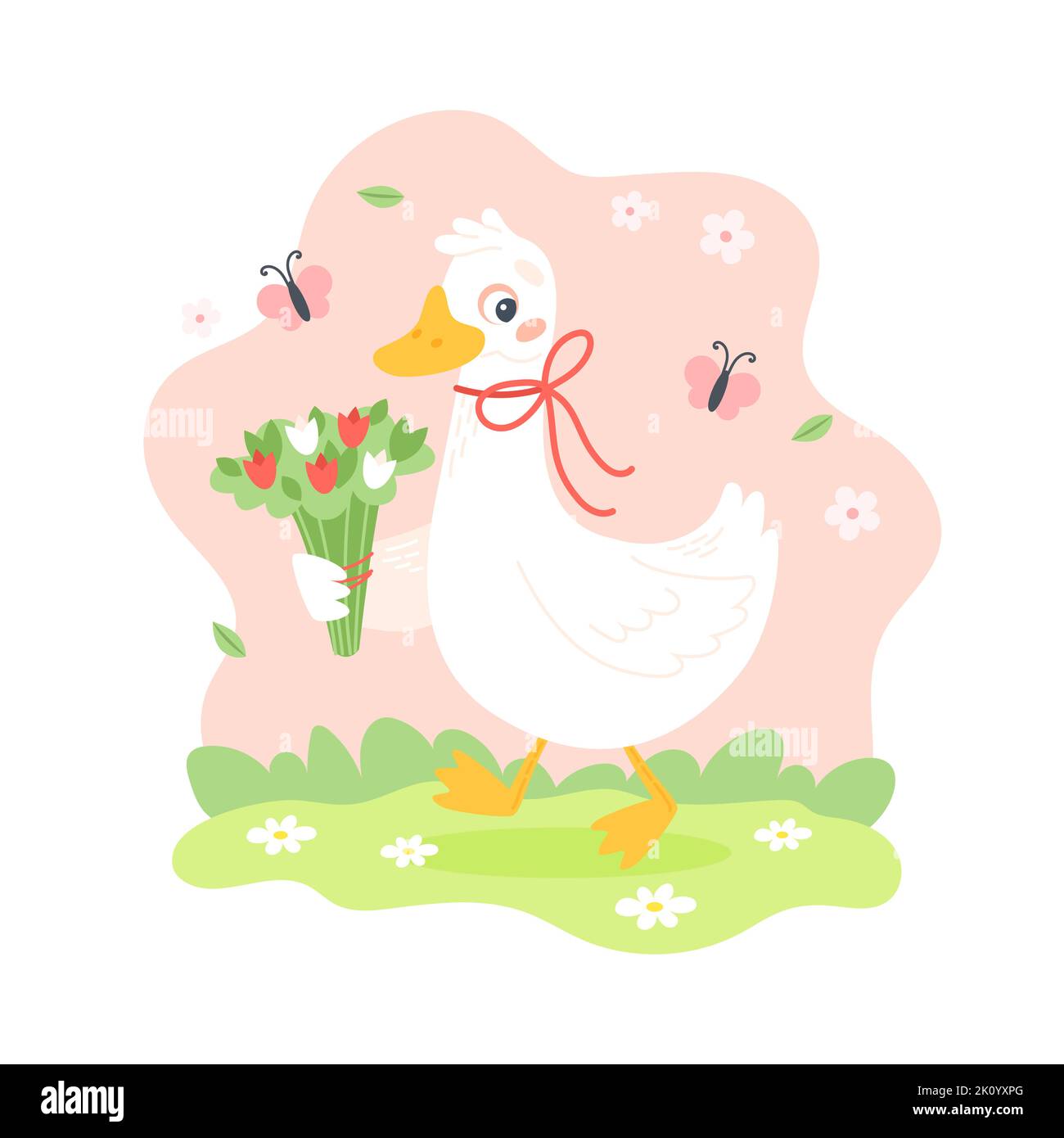 Gans mit Blumen. Frühling Charakter im Freien mit Schmetterlingen. Niedliche saisonale Vektor-Illustration in flachen Cartoon-Stil Stock Vektor