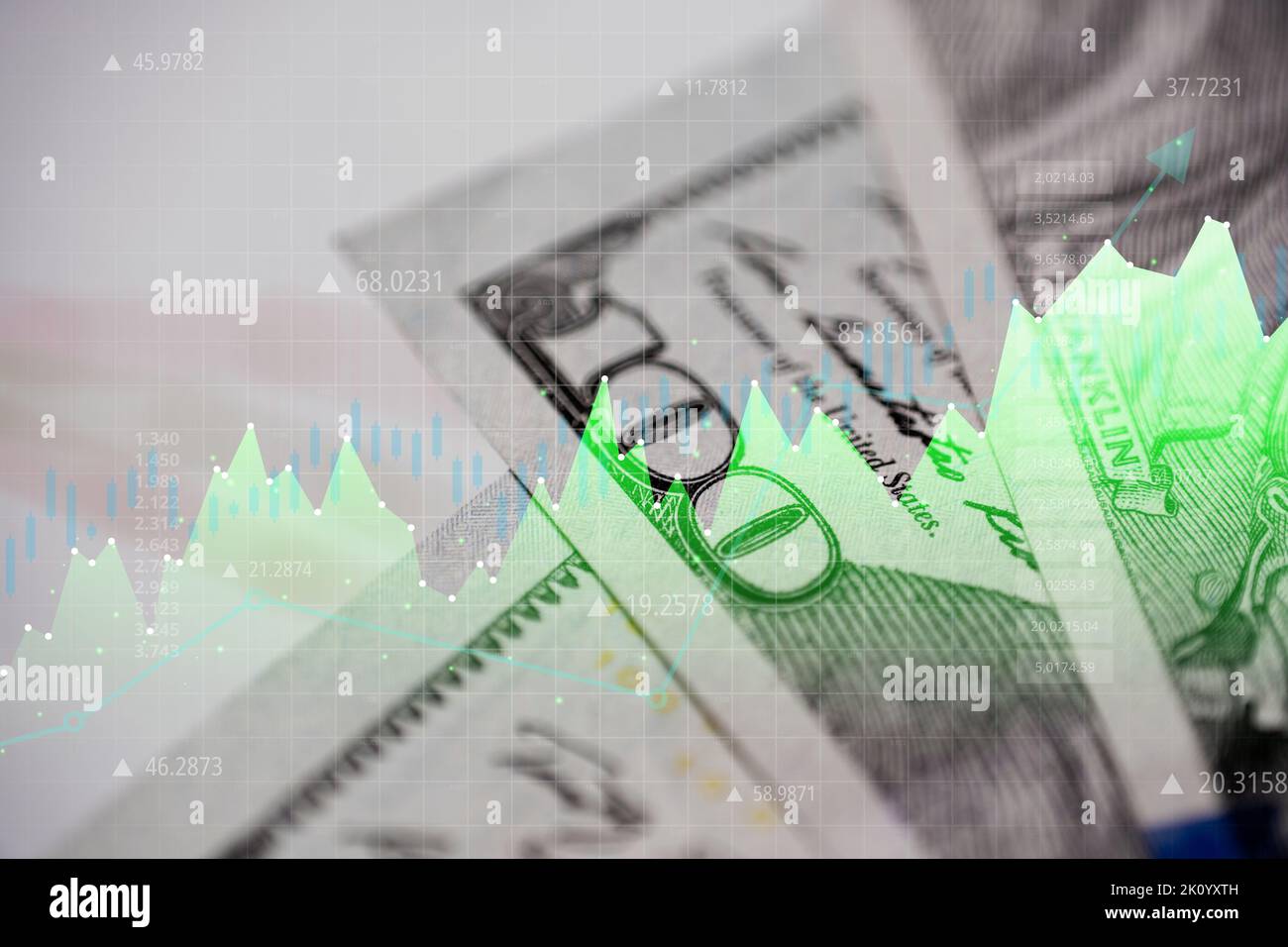 Wirtschaftswachstum in den Vereinigten Staaten von Amerika. Papierbanknoten mit Grafiken. Stockfoto
