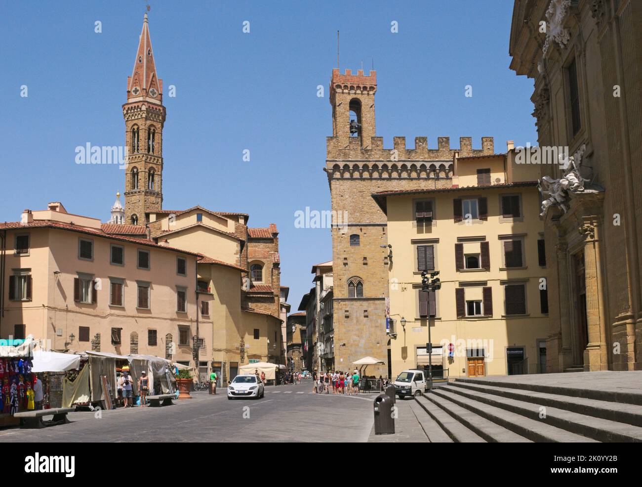 Badia Fiorentina Kirchturm und Bargello Palast, Piazza San Firenzano , Florenz, Italien Stockfoto