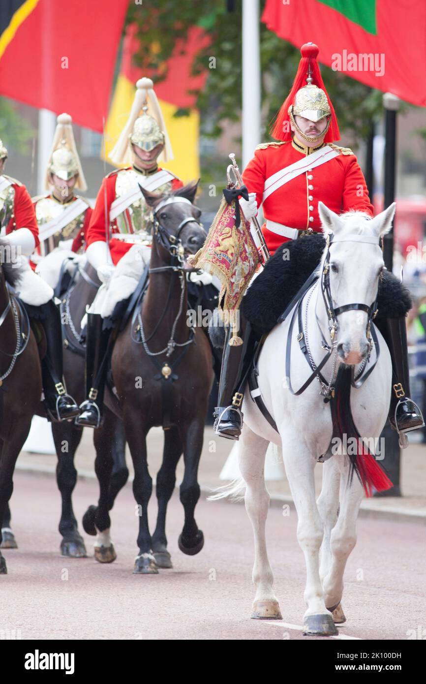 London, Großbritannien, 14. September 2022: Der Sarg der Königin wird vom Buckingham Palace zur Westminster Hall gebracht. Der Sarg wurde auf einem Waffenwagen getragen, der von Palastwächtern mit Bärenfellmützen umgeben war, gefolgt von König Charles und älteren Mitgliedern der königlichen Familie. Menschenmengen hatten sich in der Mall versammelt, die Parade der Pferdeguards und Whitehall, einige zelteten über Nacht für einen Platz in der ersten Reihe, und ein düsteres Schweigen fiel, als die Prozession vorbeiging. Anna Watson/Alamy Live News Stockfoto
