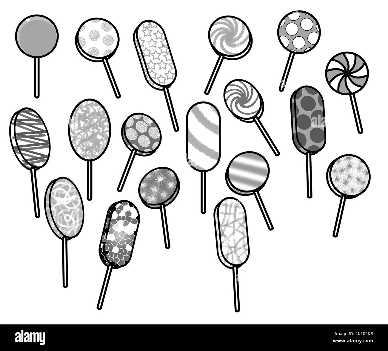 Schwarz-weiße Linienzeichnung, die eine Auswahl von bunt verzierten Lutschern-Eislollies zeigt. Ideal für powerpoint, Einfärbung in Aktivitätsblättern. Stockfoto