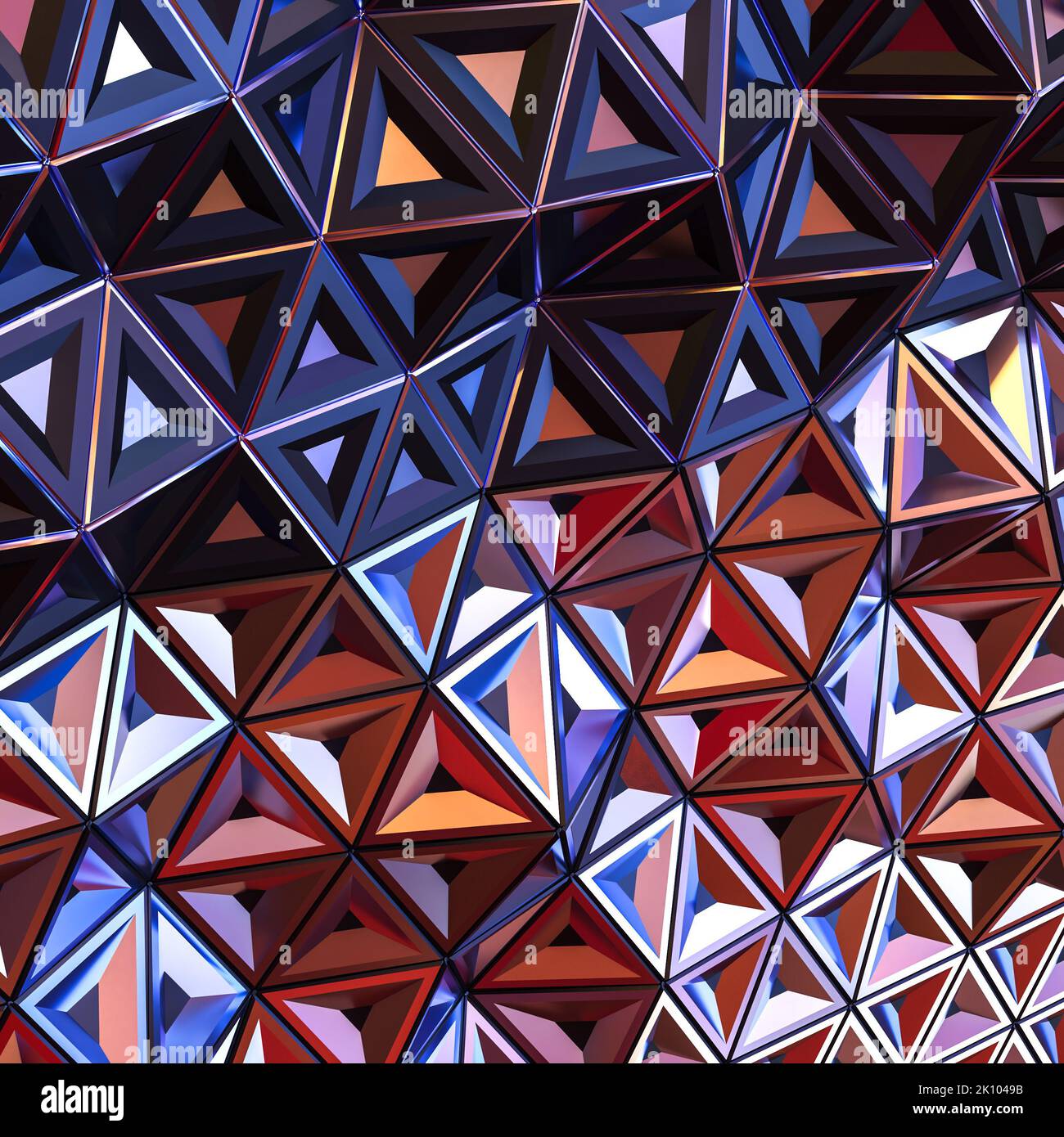 Geometrischer Hintergrund mit irisierenden dreieckigen Formen. 3D Rendern Stockfoto