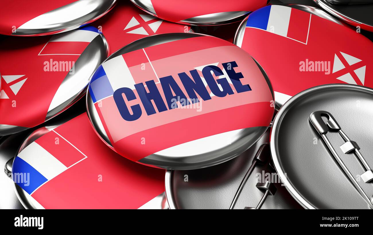 Veränderung in Wallis und Futuna - Nationalflagge von Wallis und Futuna auf Dutzenden von Rückendetasten, die den bevorstehenden Wandel in diesem Land symbolisieren. ,3D illustre Stockfoto