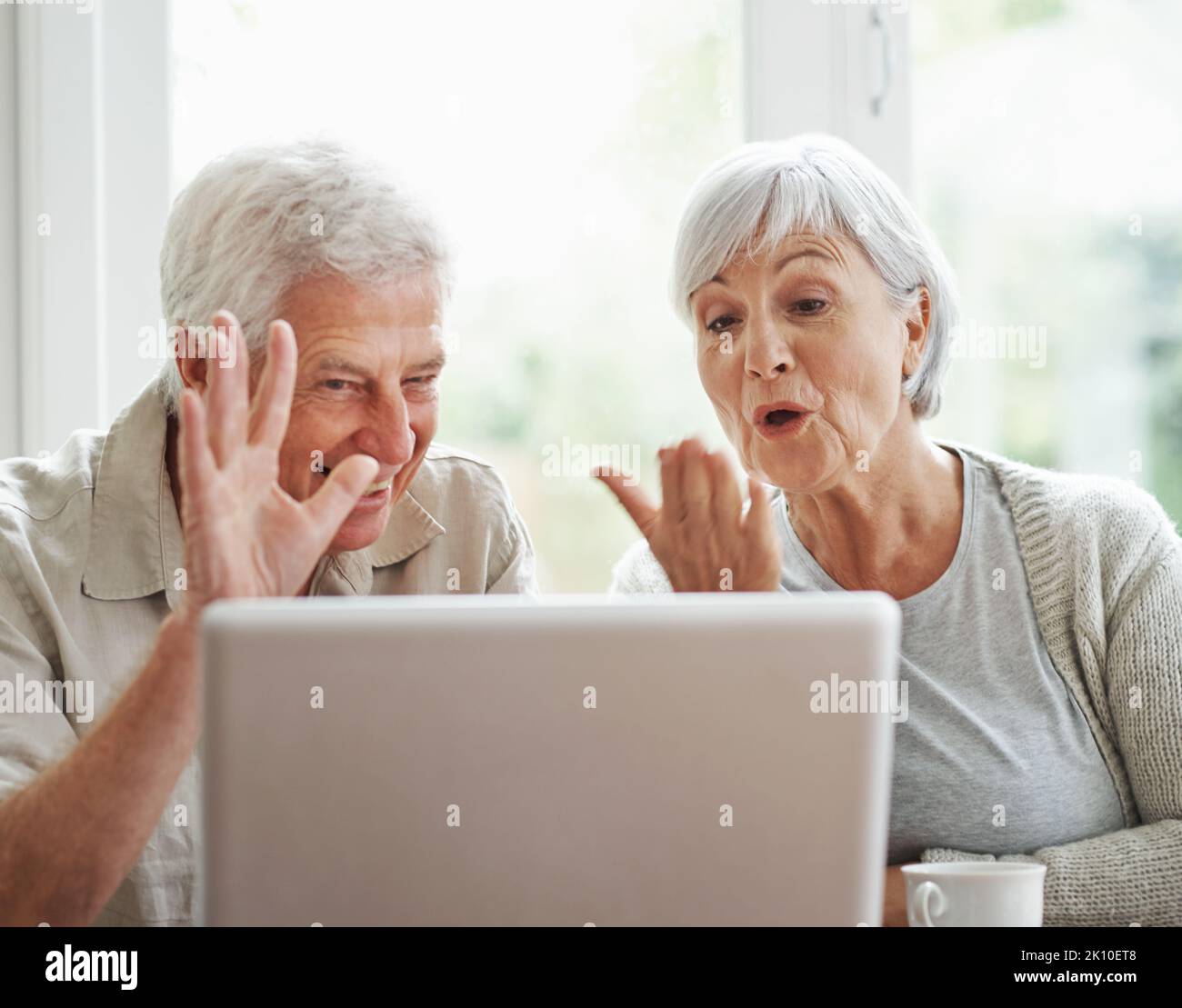 Mit den Enkelkindern nachholen. Ein fröhliches Seniorenpaar, das einen Videochat auf einem Laptop führt. Stockfoto