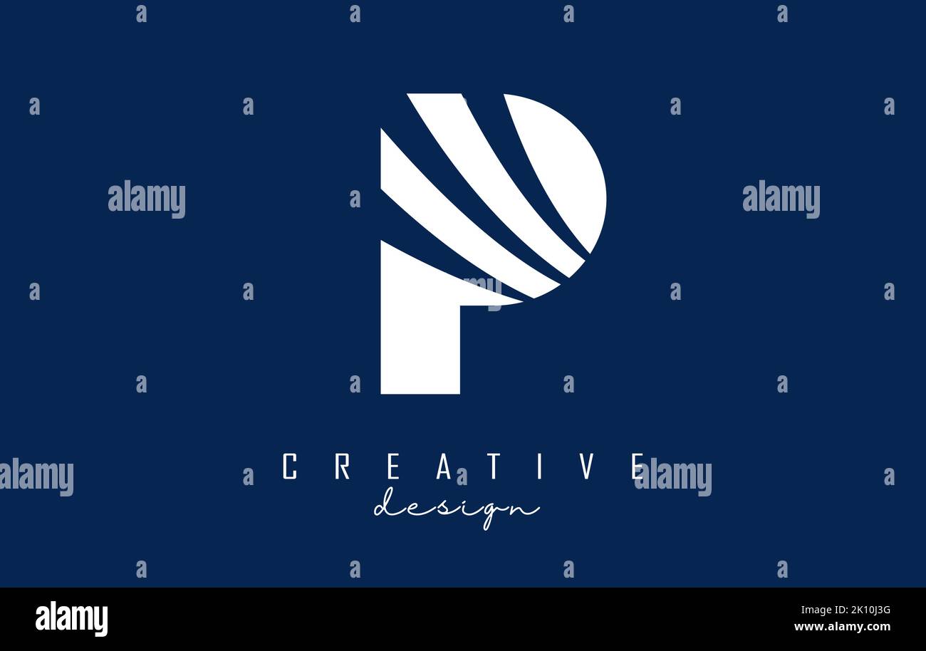 Weißes P-Logo mit führenden Linien und negativem Raumanzug. Brief mit geometrischen und kreativen Schnitten Design. Vektorgrafik mit Buchstabe. Stock Vektor