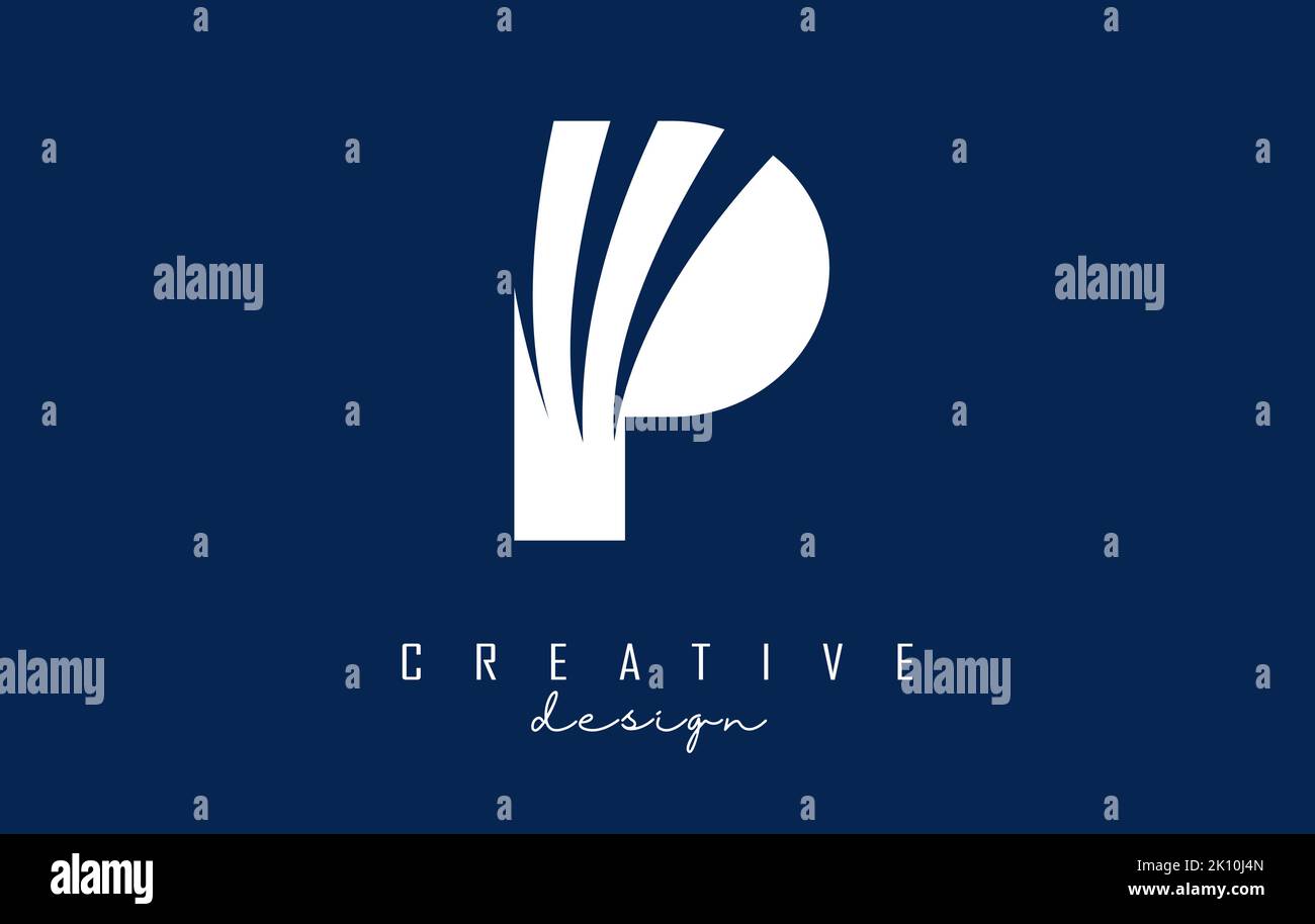 Weißes P-Logo mit führenden Linien und negativem Raumanzug. Brief mit geometrischen und kreativen Schnitten Design. Vektorgrafik mit Buchstabe. Stock Vektor