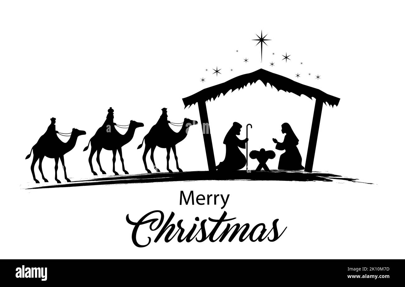 Weihnachtskrippe mit Baby Jesus, Maria und Joseph in der Krippe.traditionelle christliche weihnachtsgeschichte. Vektorgrafik für Kinder. Stock Vektor