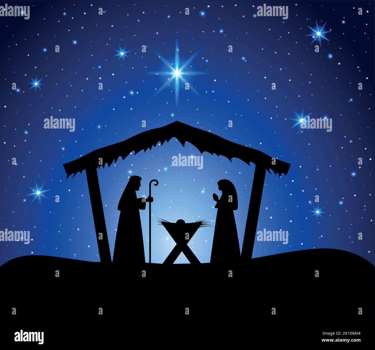 Weihnachtskrippe mit Baby Jesus, Maria und Joseph in der Krippe.traditionelle christliche weihnachtsgeschichte. Vektorgrafik für Kinder. Stock Vektor