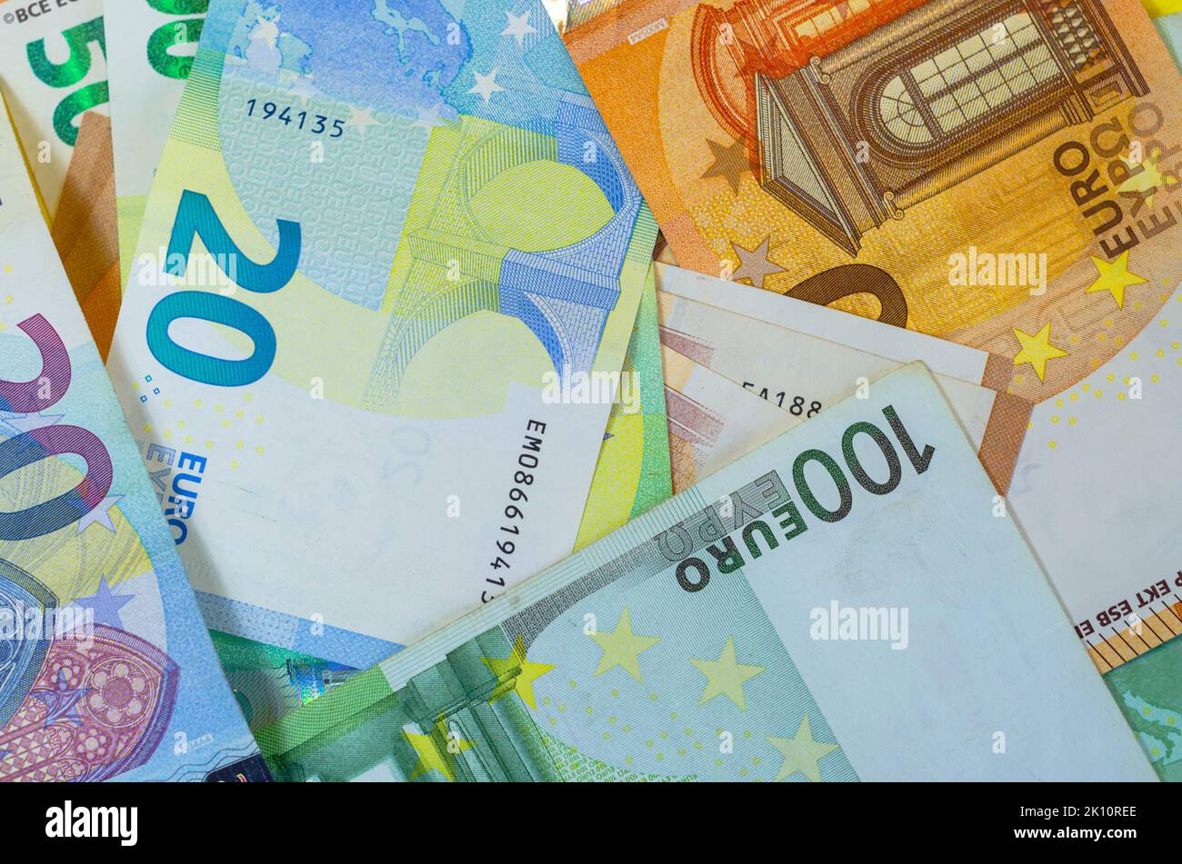 Euro Geld. Euro-Bargeld-Hintergrund. Euro-Geld-Banknoten Stockfoto