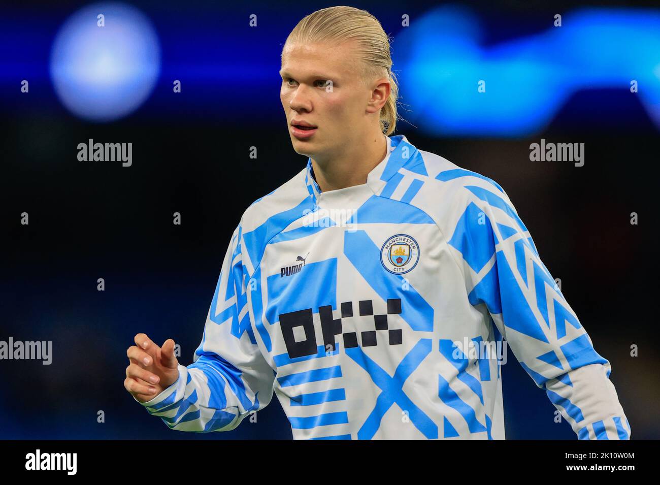 Erling Håland #9 von Manchester City während der Aufwärmphase vor dem Spiel während des UEFA Champions League-Spiels Manchester City gegen Borussia Dortmund im Etihad Stadium, Manchester, Großbritannien, 14.. September 2022 (Foto von Conor Molloy/News Images) in Manchester, Großbritannien am 9/14/2022. (Foto von Conor Molloy/News Images/Sipa USA) Stockfoto