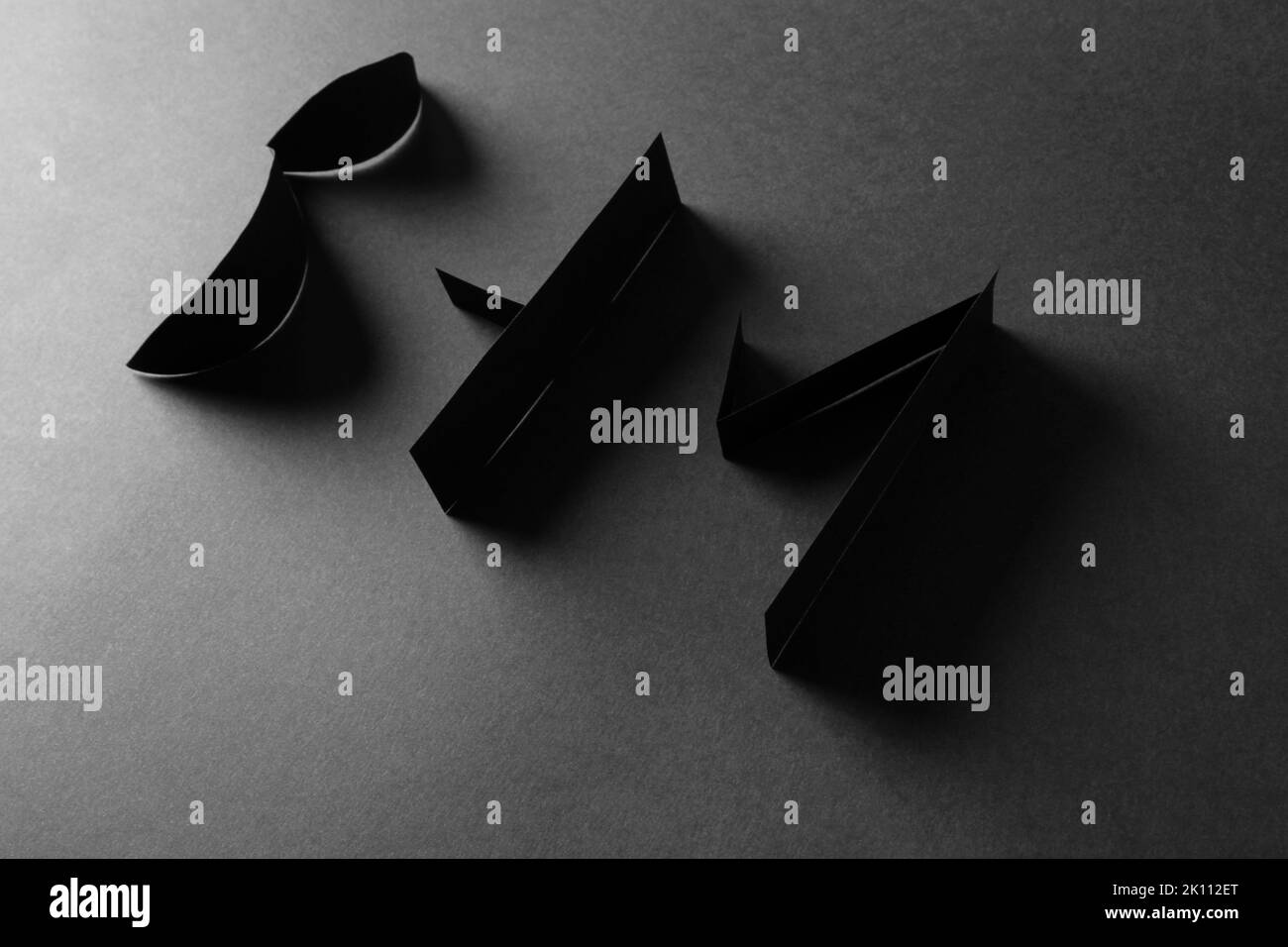 Papier Alphabet Buchstaben BHM mit Schatten auf schwarzem Hintergrund. Black History Month Konzept. Flach liegend. Speicherplatz kopieren. Stockfoto