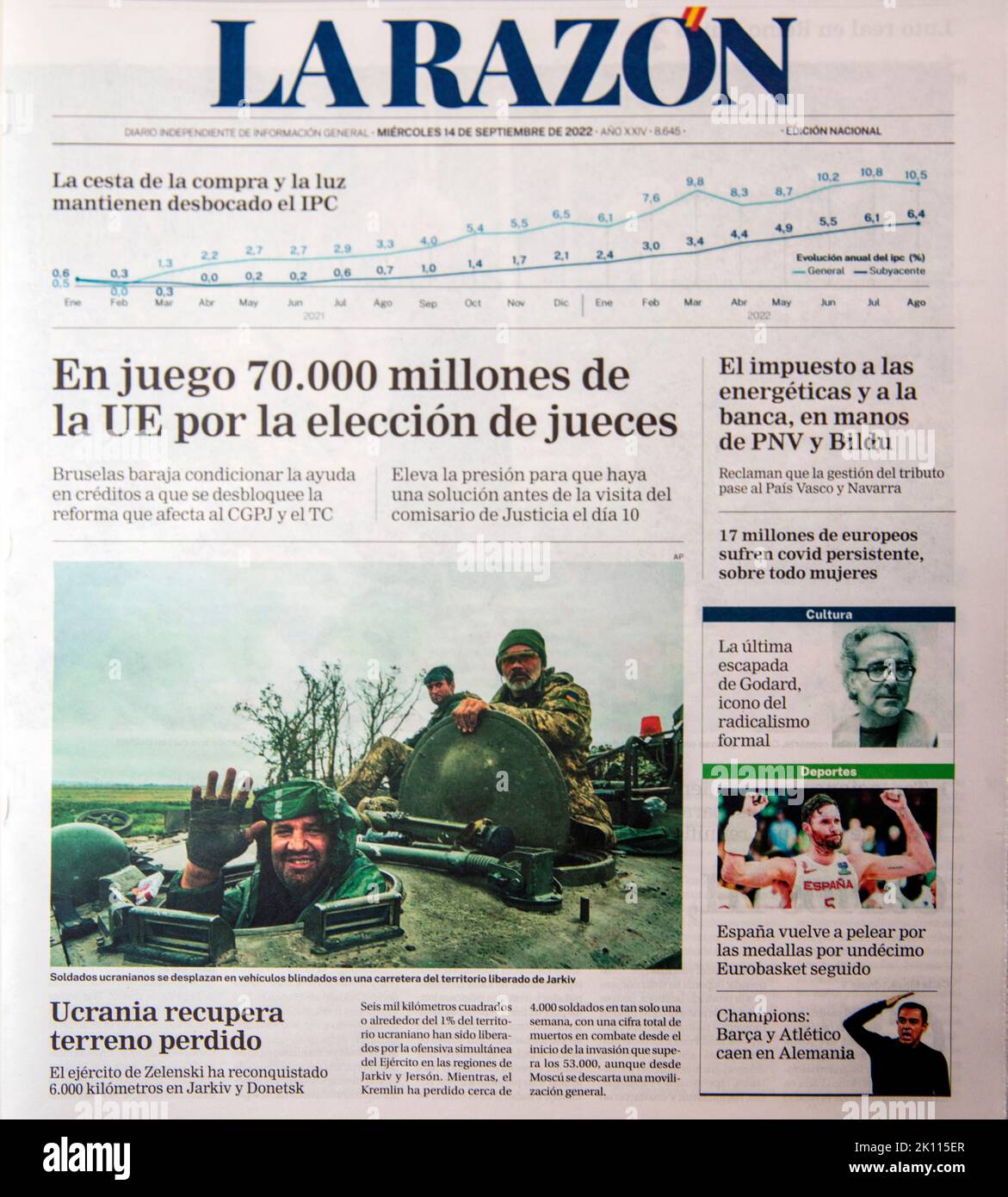 Teilbild der Titelseite der spanischen Zeitung La Razon für den 14. September 2022 Stockfoto