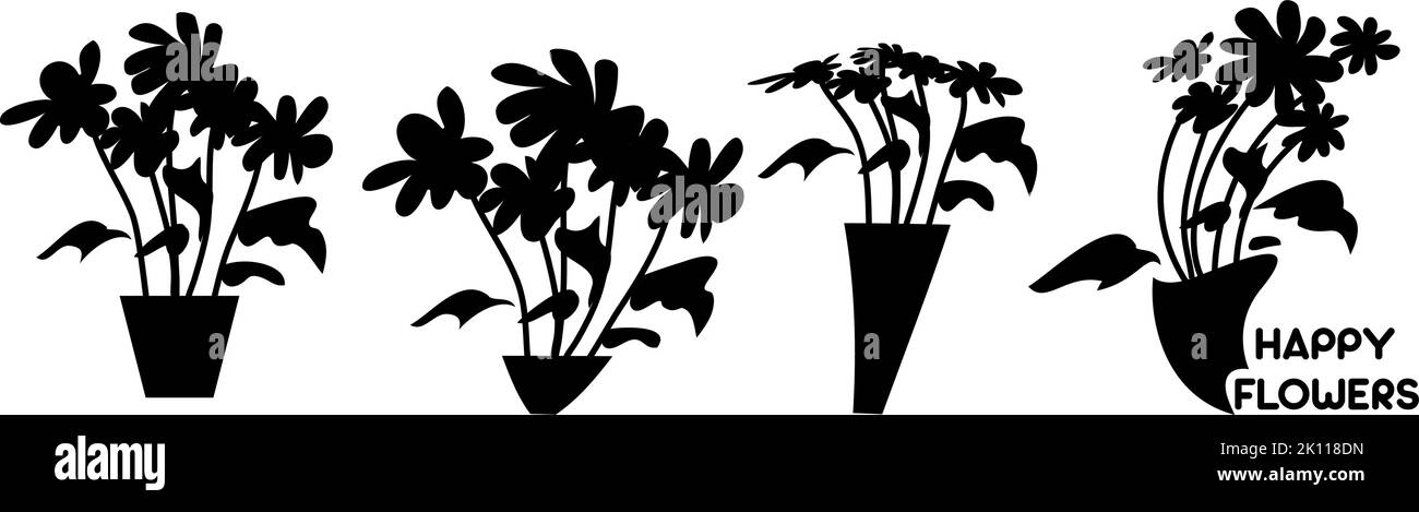 Cliparts-Set von Zimmerpflanzen wbeugt sich im Topf. Isolierte schwarze Silhouette von Blumen auf weißem Hintergrund. Vektorgrafik Stock Vektor