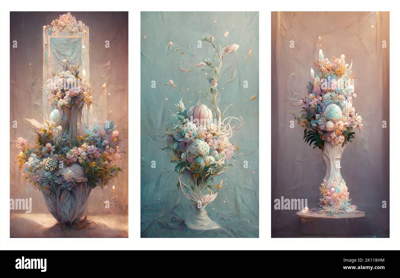 Ein pastellfarbener Blumenstrauß in einer weißen Porzellanvase steht vor einem eleganten Spiegelfantasiegemälde im Kunststil. 3D digitale Kunstzeichnung Stockfoto