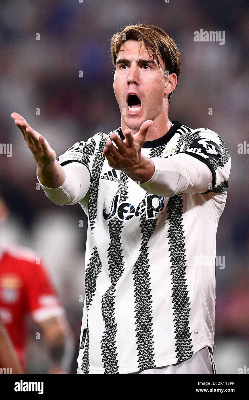Turin, Italien. 14. September 2022. Dusan Vlahovic vom FC Juventus reagiert während des UEFA Champions League-Fußballspiels zwischen dem FC Juventus und SL Benfica. Kredit: Nicolò Campo/Alamy Live Nachrichten Stockfoto