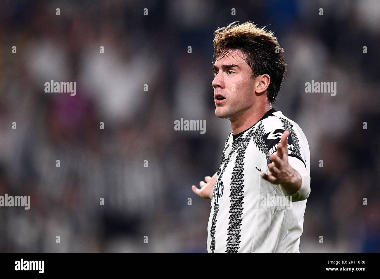 Turin, Italien. 14. September 2022. Dusan Vlahovic vom FC Juventus reagiert während des UEFA Champions League-Fußballspiels zwischen dem FC Juventus und SL Benfica. Kredit: Nicolò Campo/Alamy Live Nachrichten Stockfoto