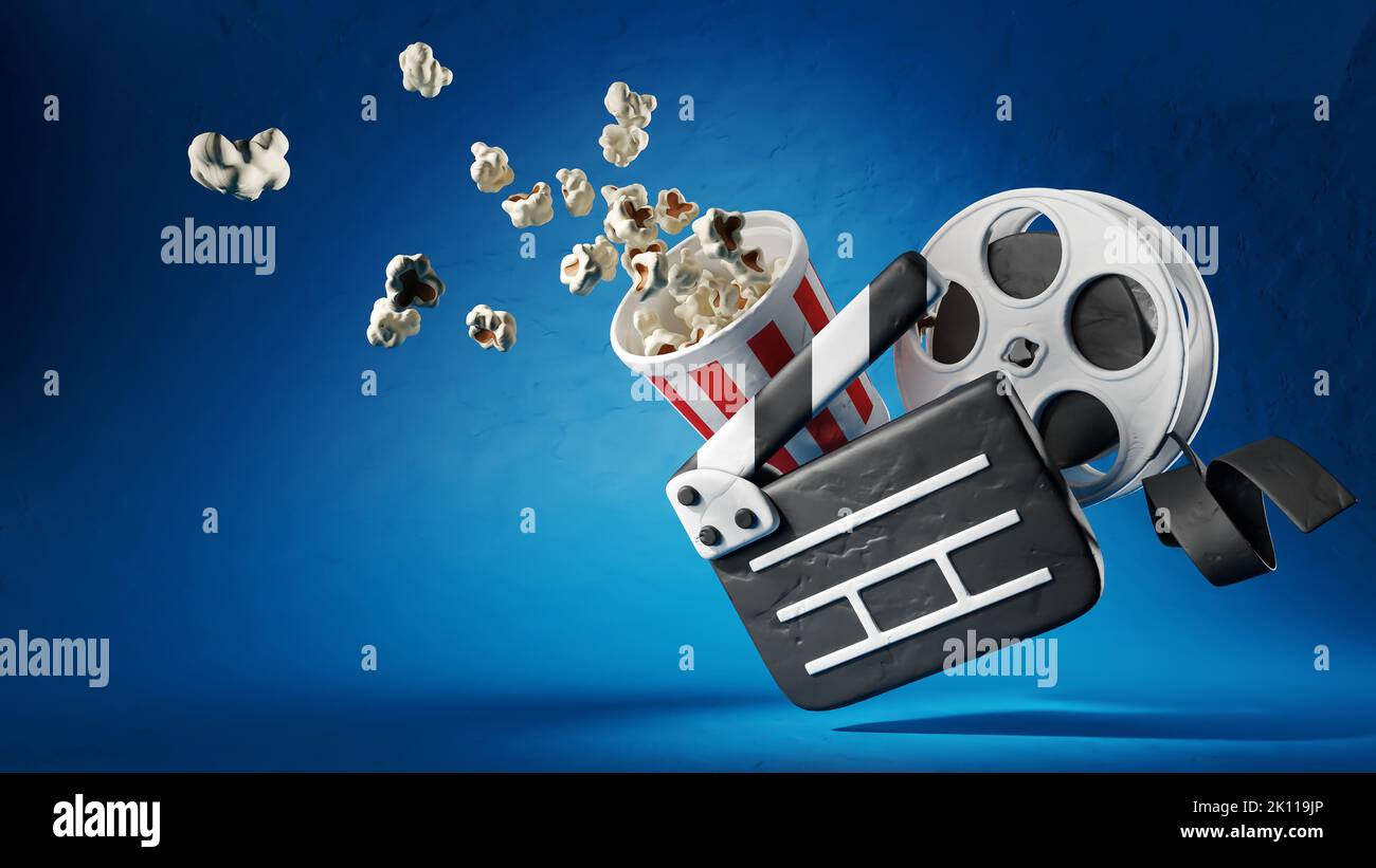 Online-Kinokunst Filmbeobachtung mit Klappbrett, Popcorn und Filmstreifen auf Scheibe aus Modelliermasse. Kinematografie-Konzept. 3D gerenderte Illustr Stockfoto