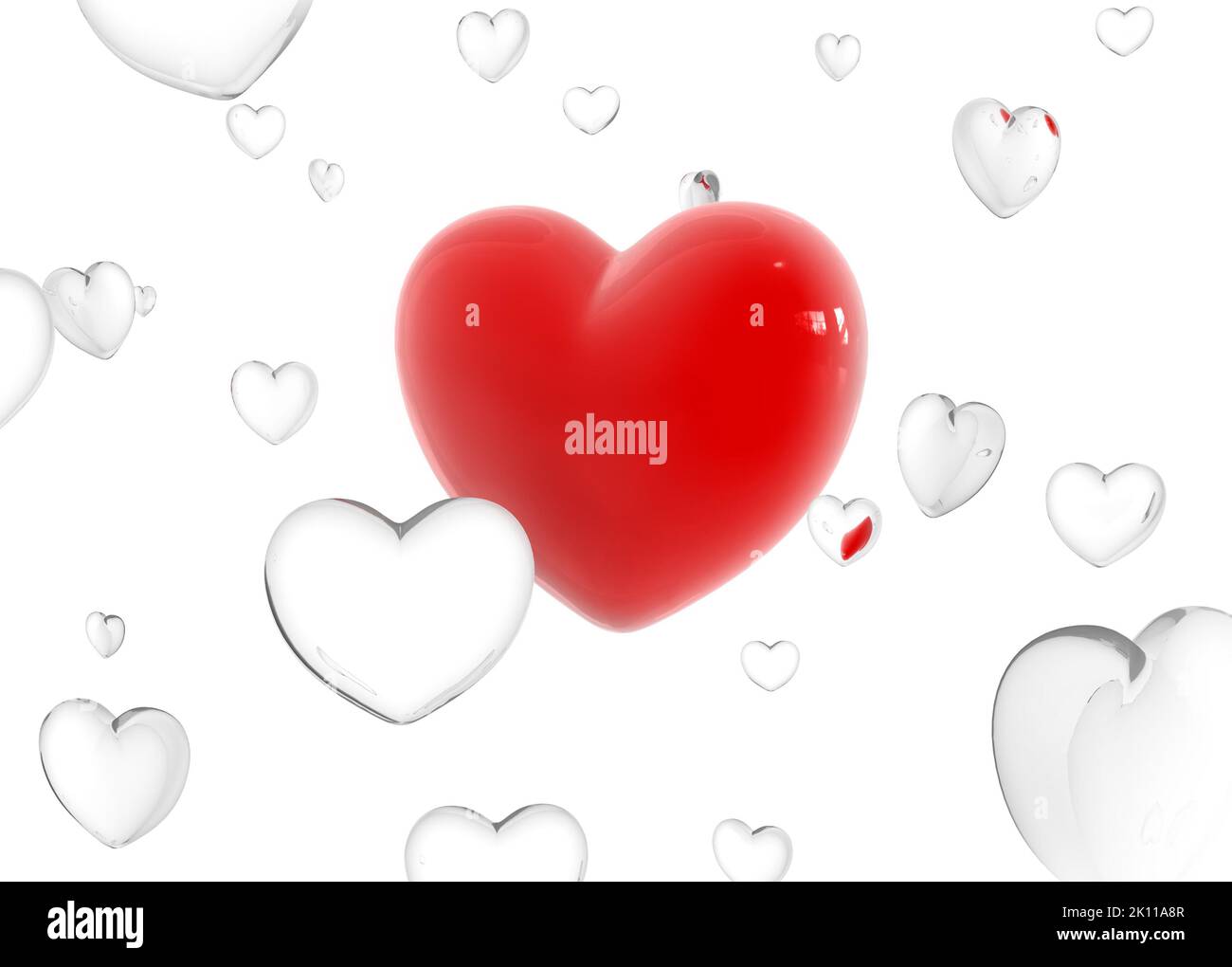 Großes rotes Herz zwischen Glas fliegende Herzen 3D Modell Stockfoto