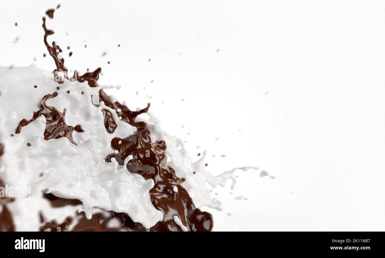Spritzer der Verbindung von Schokolade und Milch Flüssigkeiten mit Streuung Spray Raster Illustration, 3D gerendert abstrakt Mischflüssigkeiten . Chokolate und Milchsha Stockfoto